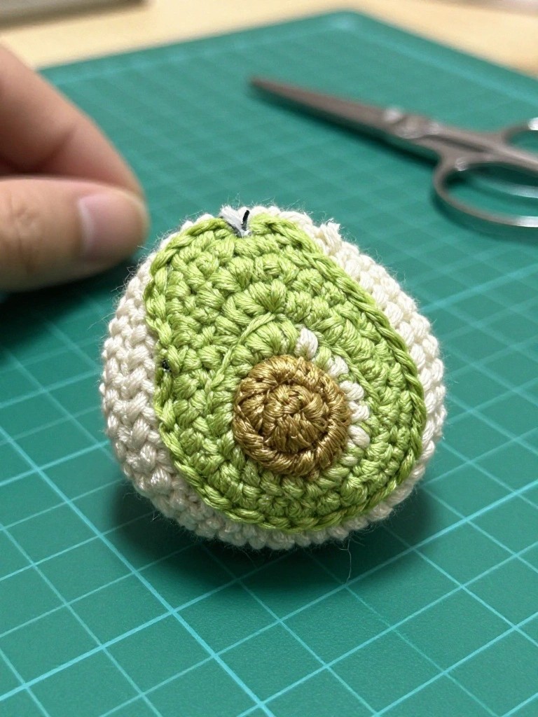 A small round crocheted avocado made with green, cream, and brown yarn rests on a green cutting mat.