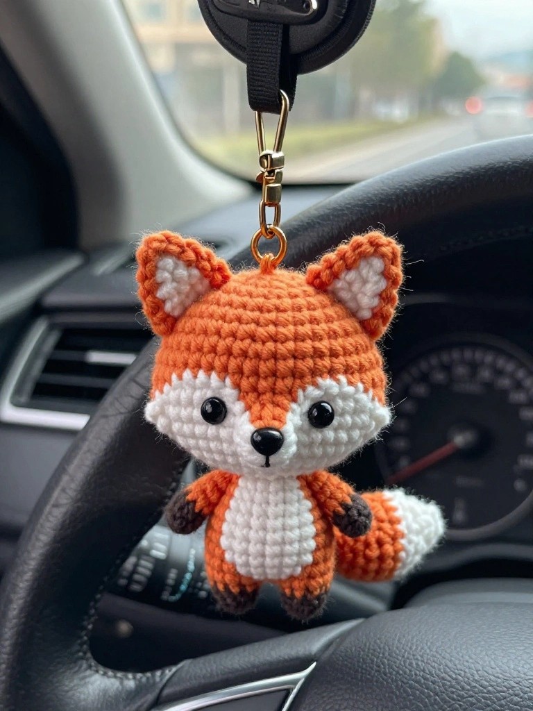 A small crocheted orange and white fox keychain hangs from a car key inside a vehicle.