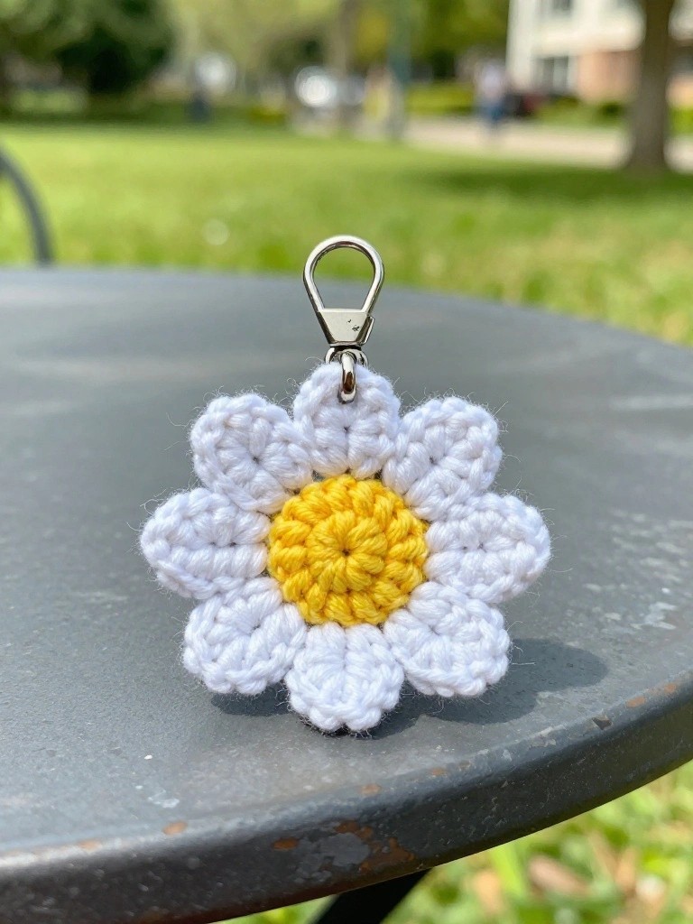 A small crocheted daisy with white petals and yellow center attached to a metal keychain clasp on a dark surface.