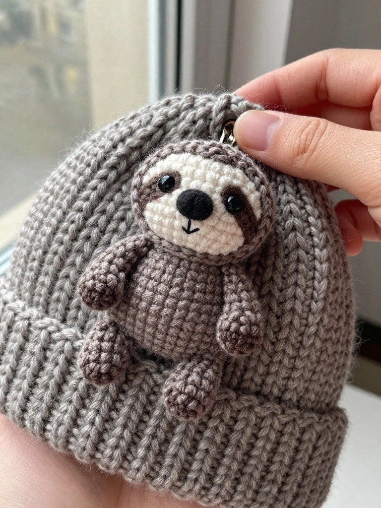 Mini Sloth Charm for Knitted Beanies