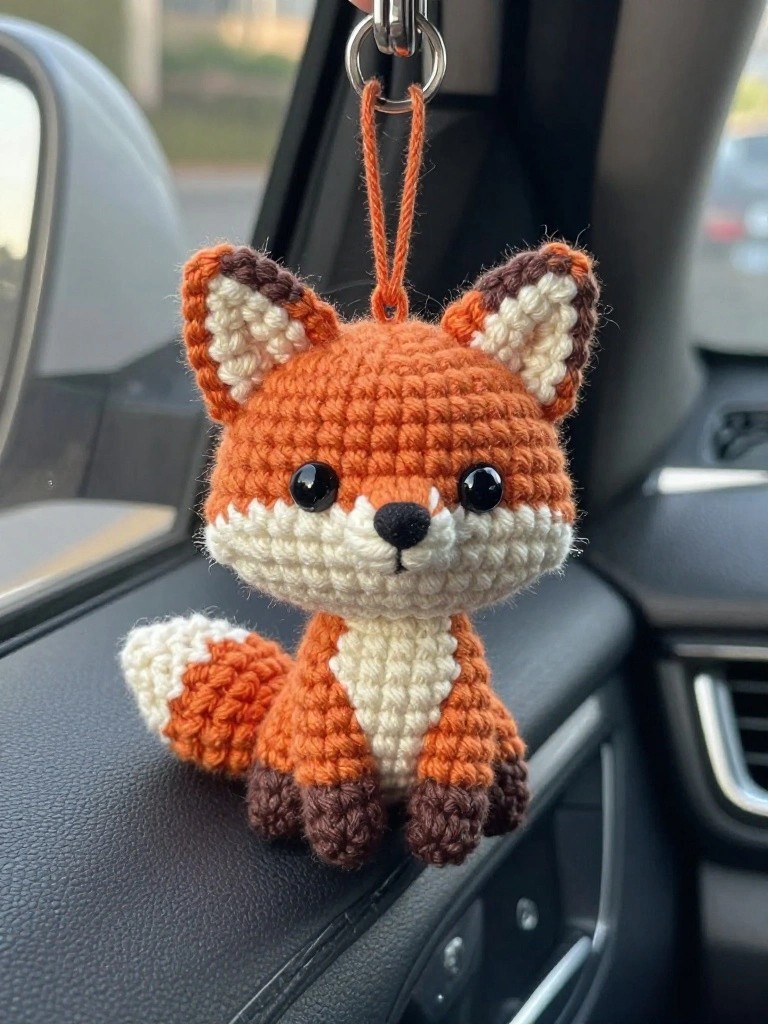 Crocheted orange fox keychain with white and brown accents on car dashboard.