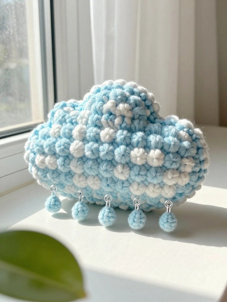 Blue and white crocheted cloud with five small hanging blue pom poms on a white surface near a window.