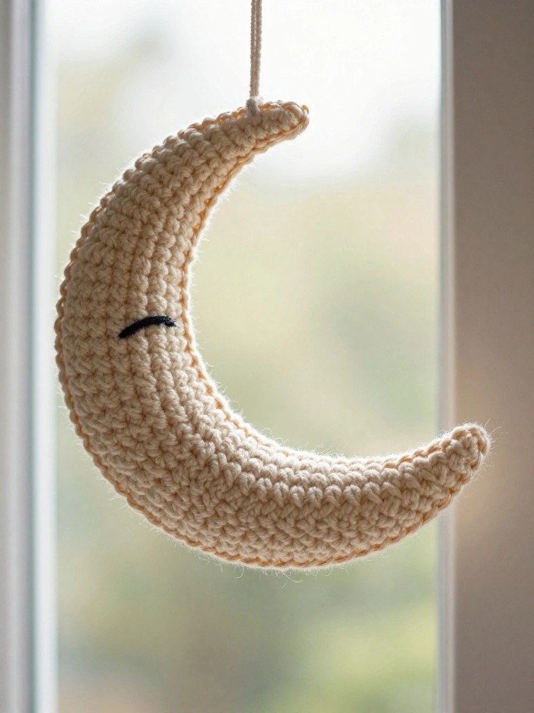 Crocheted cream crescent moon with a sleepy embroidered eye.