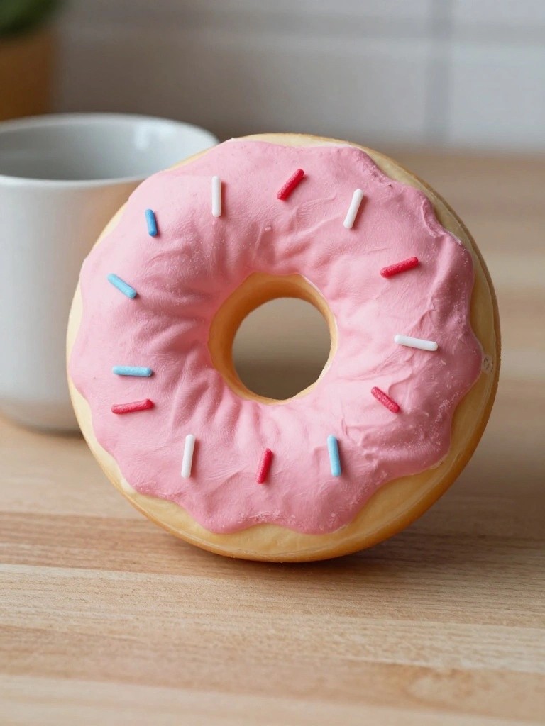 Pink-frosted doughnut with colorful sprinkles beside a white cup.