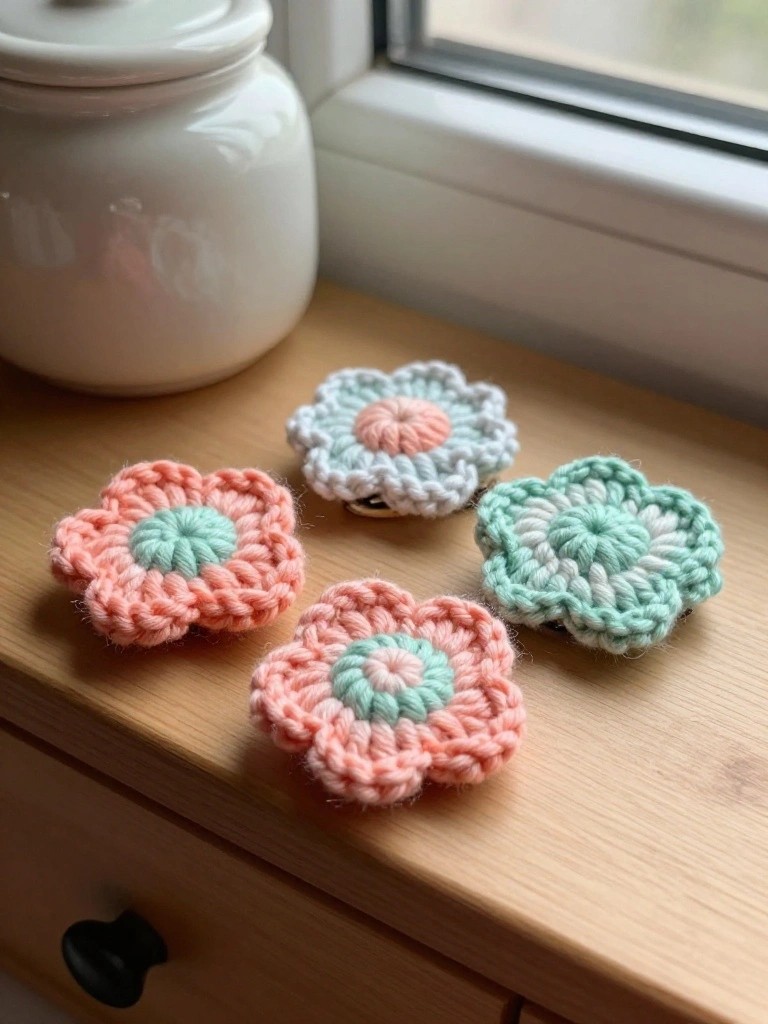 Four pastel crocheted flower hair clips on a wooden windowsill.