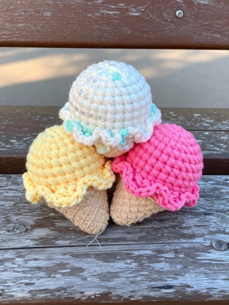 Three crocheted ice cream cones in pink, yellow, and white.