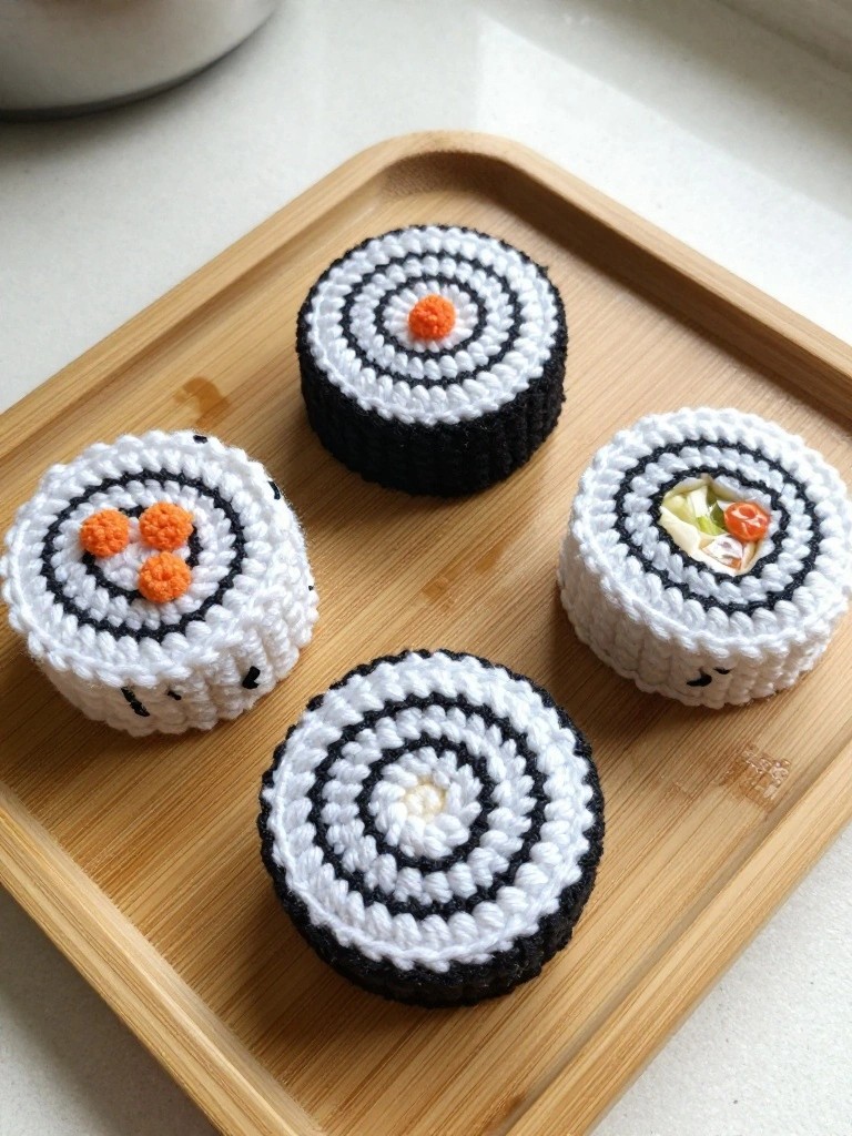Crocheted sushi rolls on a wooden tray.