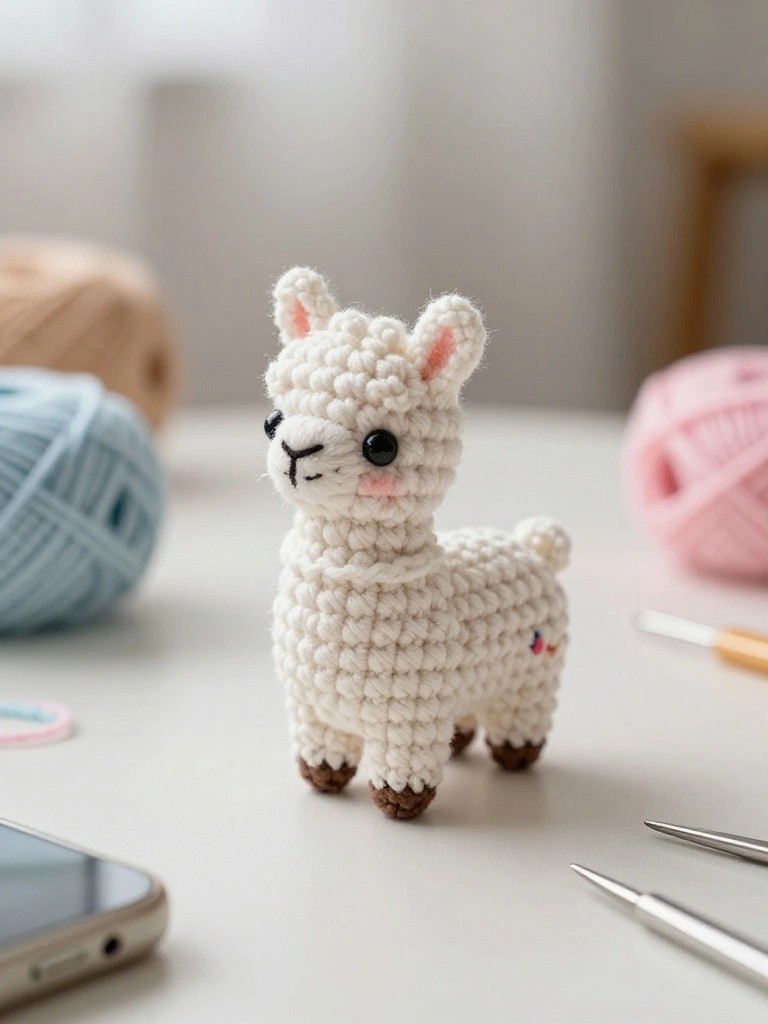 Crocheted white alpaca toy with pink cheeks on white table with yarn.