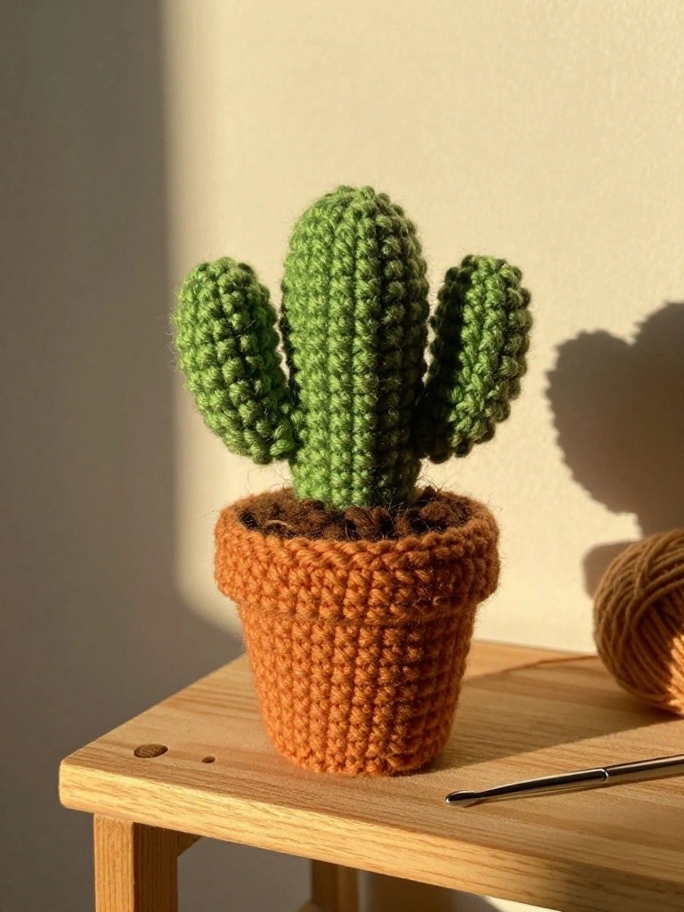 Crocheted cactus in orange pot on wooden table with yarn and hook.
