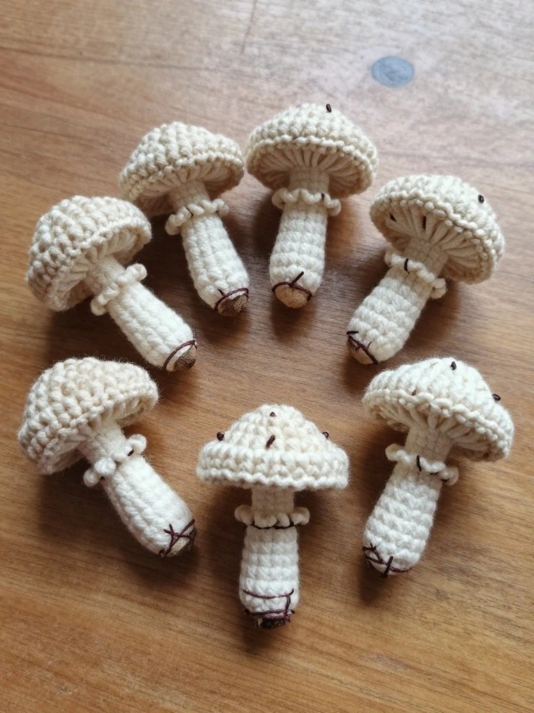 Seven small crocheted mushrooms arranged on a wooden surface.
