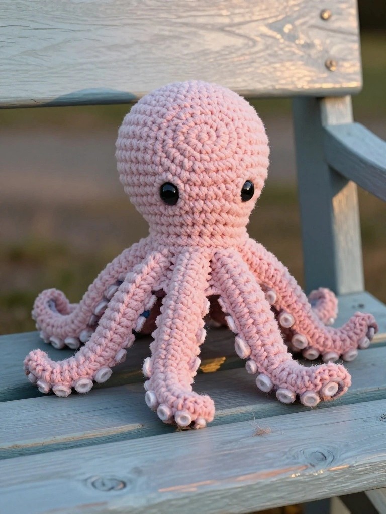 Pink crocheted octopus plush toy on weathered wooden bench.