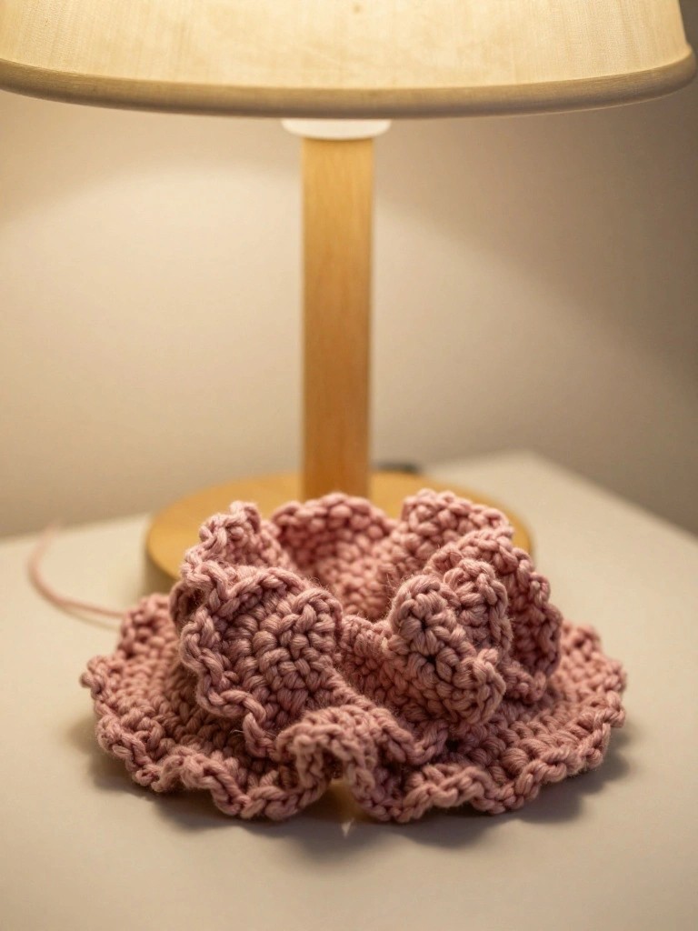 A dusty pink crocheted mat with layered ruffles sits under the wooden base of a small lamp on a white surface.