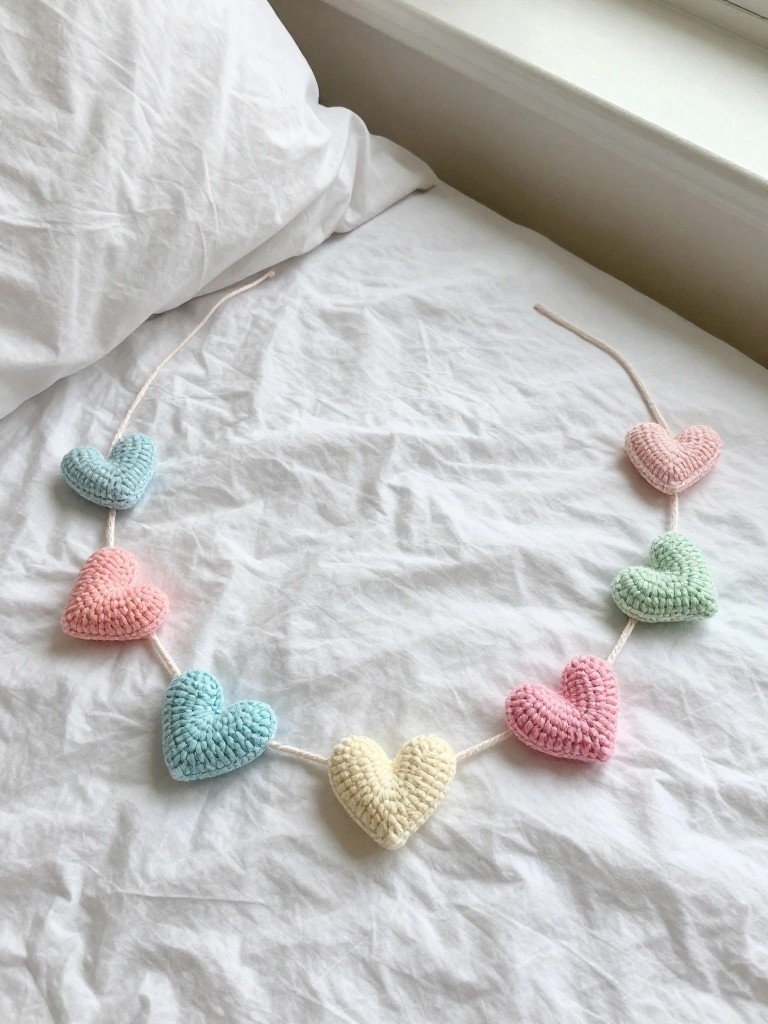 Crocheted pastel heart garland draped across white bedsheets.