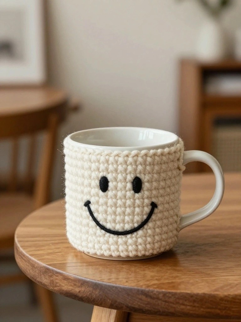 A white mug with a cream crocheted cozy and black embroidered smiley face rests on a round wooden table.