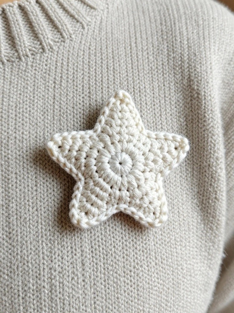 Cream knitted sweater with a white crocheted star brooch.