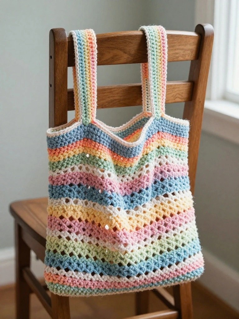 Pastel Striped Openwork Tote