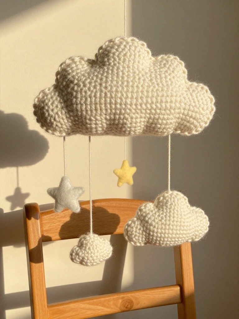 Knitted cloud mobile with hanging stars and small clouds on wooden chair.