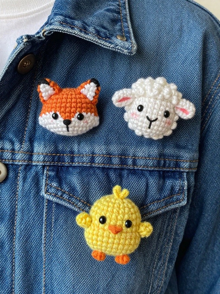 Crocheted fox, sheep, and chick pins on blue denim jacket.