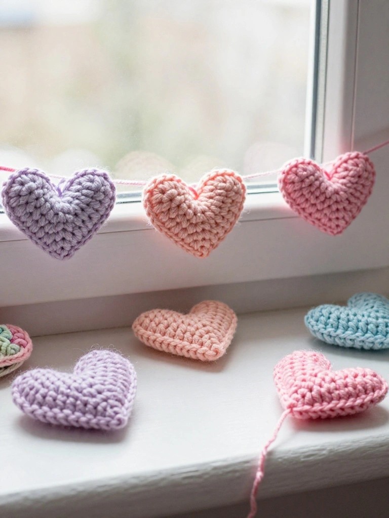 Crocheted pastel hearts strung across a windowsill.