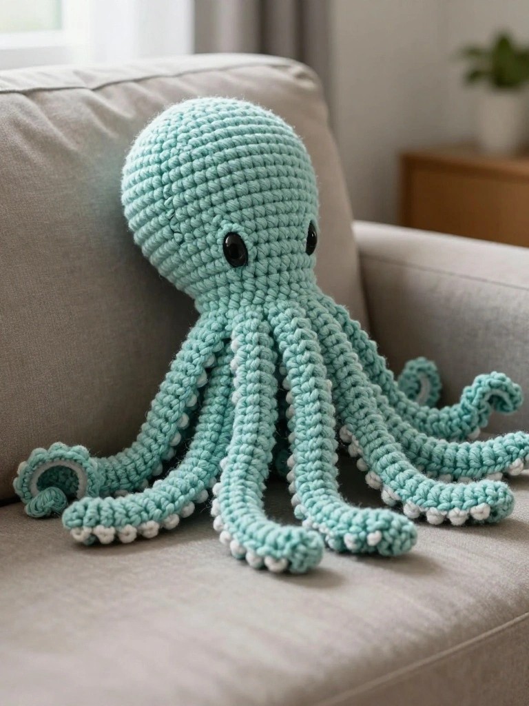 Crocheted mint-green octopus plush with white suckers on gray couch.