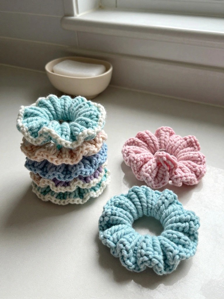 Crocheted pastel scrunchies stacked beside pink and blue ones on counter.