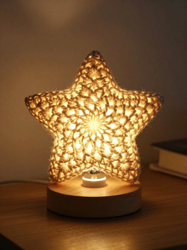 Crocheted glowing star lamp on a round wooden base.