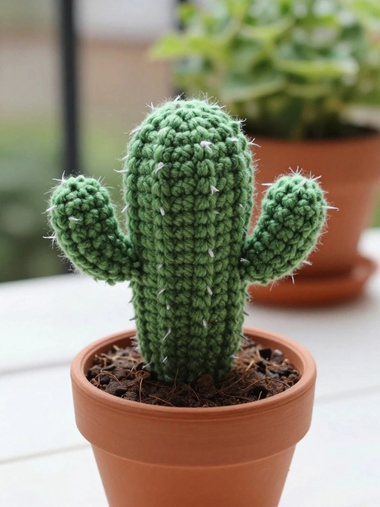 A crocheted green cactus with two arms and white spine details sits in a small terracotta pot with soil.