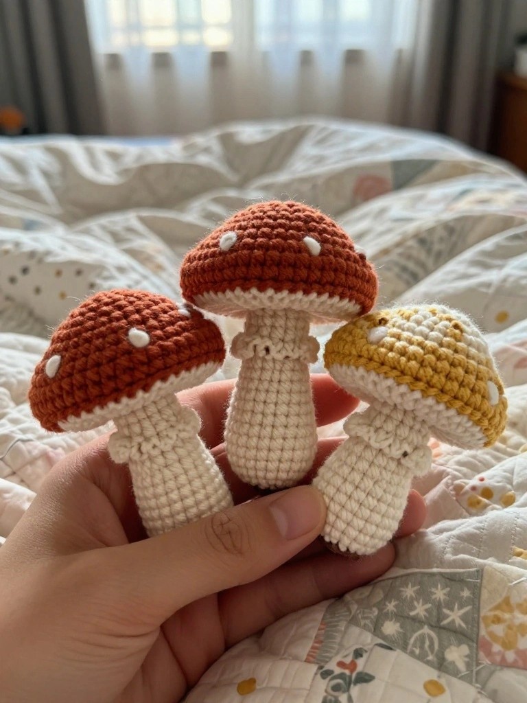 Hand holding three crocheted mushrooms with white stems and spotted caps.