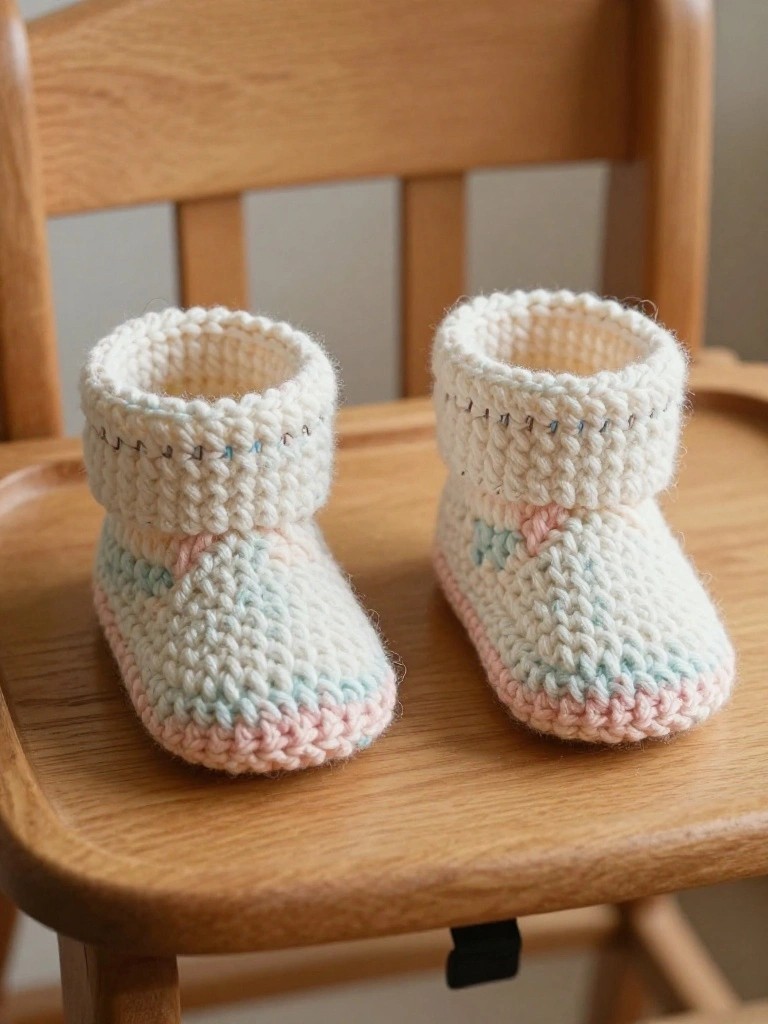 Knitted baby booties in white, pink, and blue on a wooden chair.