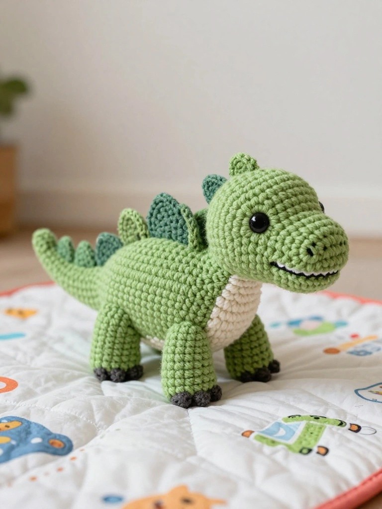 Crocheted green dinosaur toy with white belly on patterned quilt.