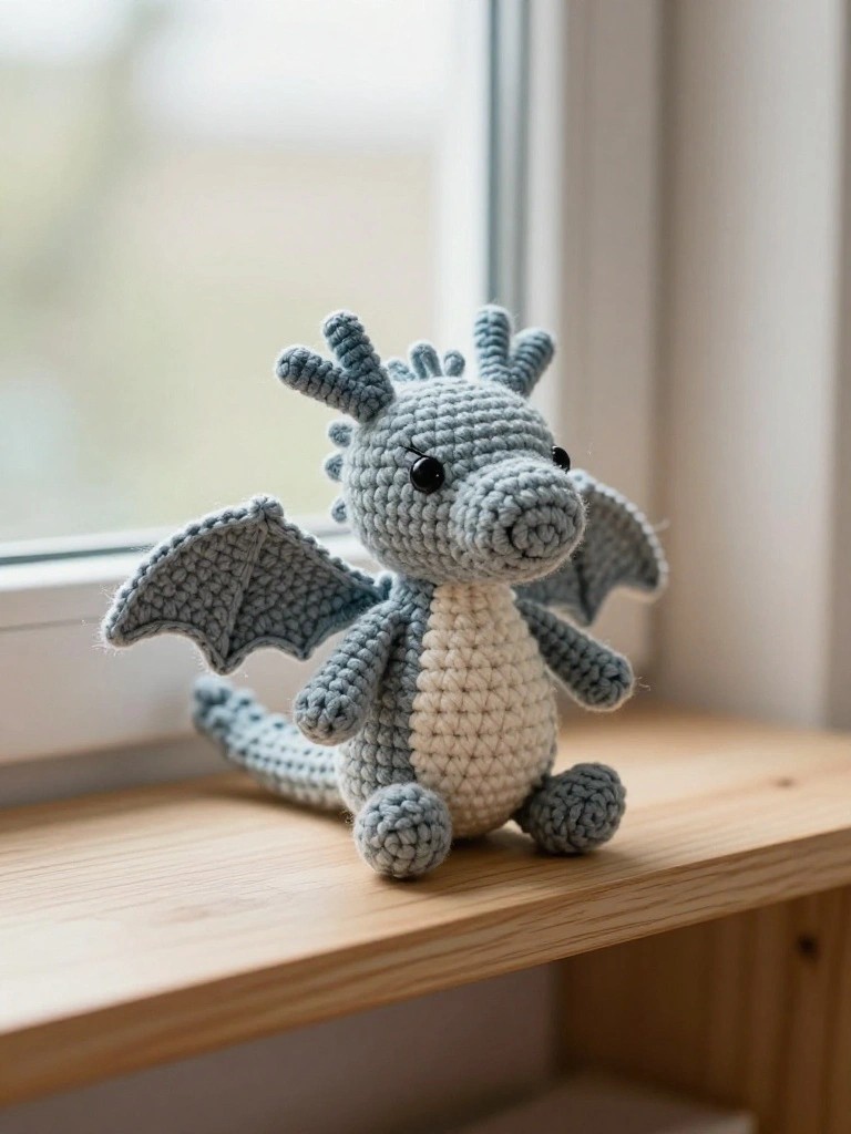 Crocheted light blue dragon with beige belly on wooden windowsill.