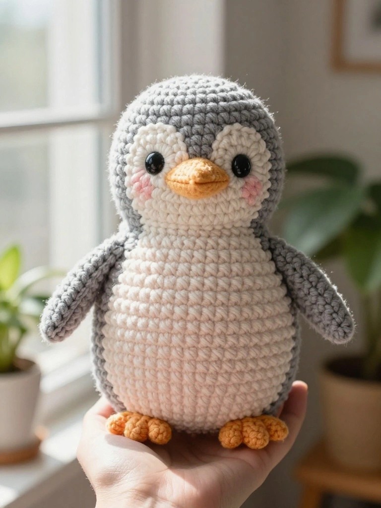 Crocheted gray and white penguin with orange feet and beak held in hand.