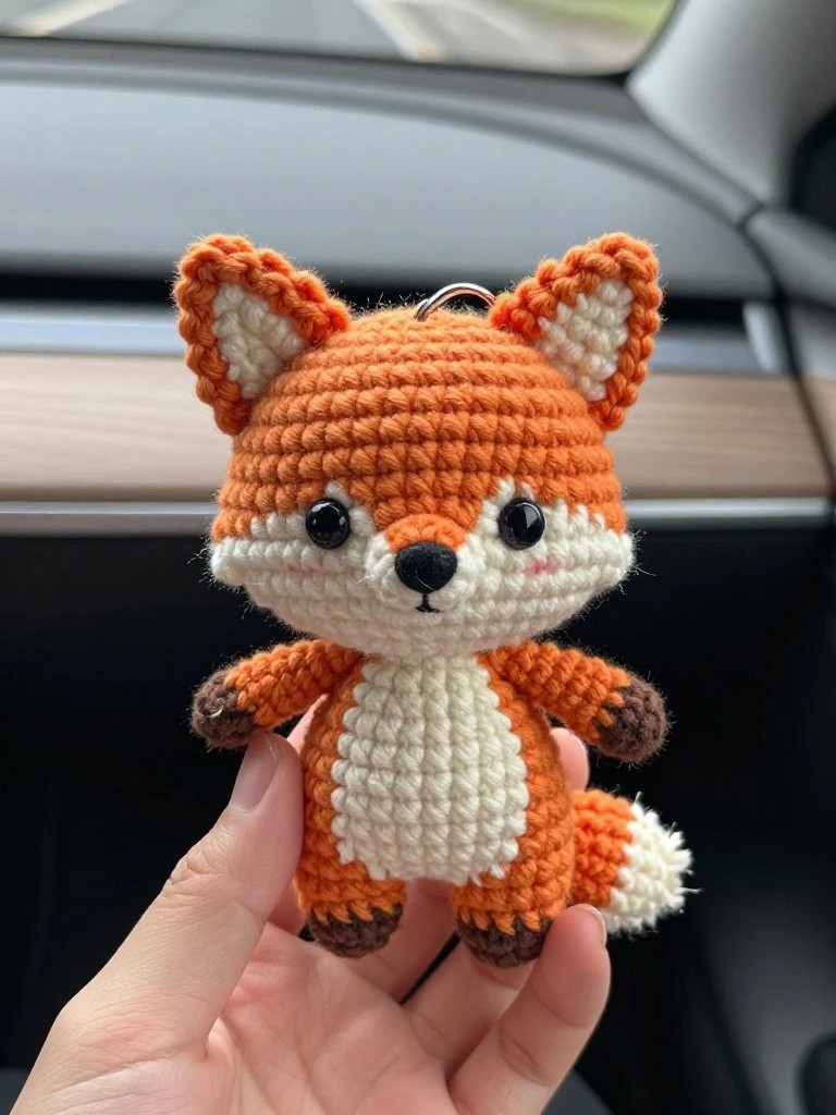 Crocheted orange fox keychain with white belly held in a hand.