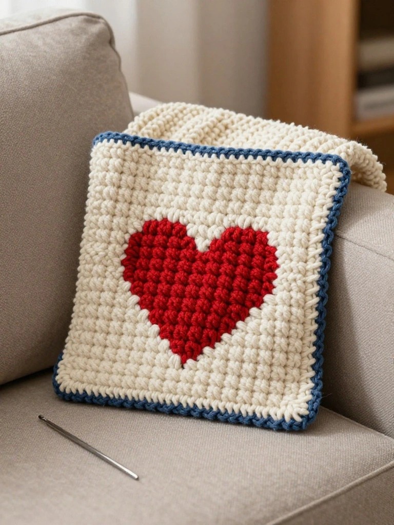 Crocheted cream blanket with red heart and blue border on couch.