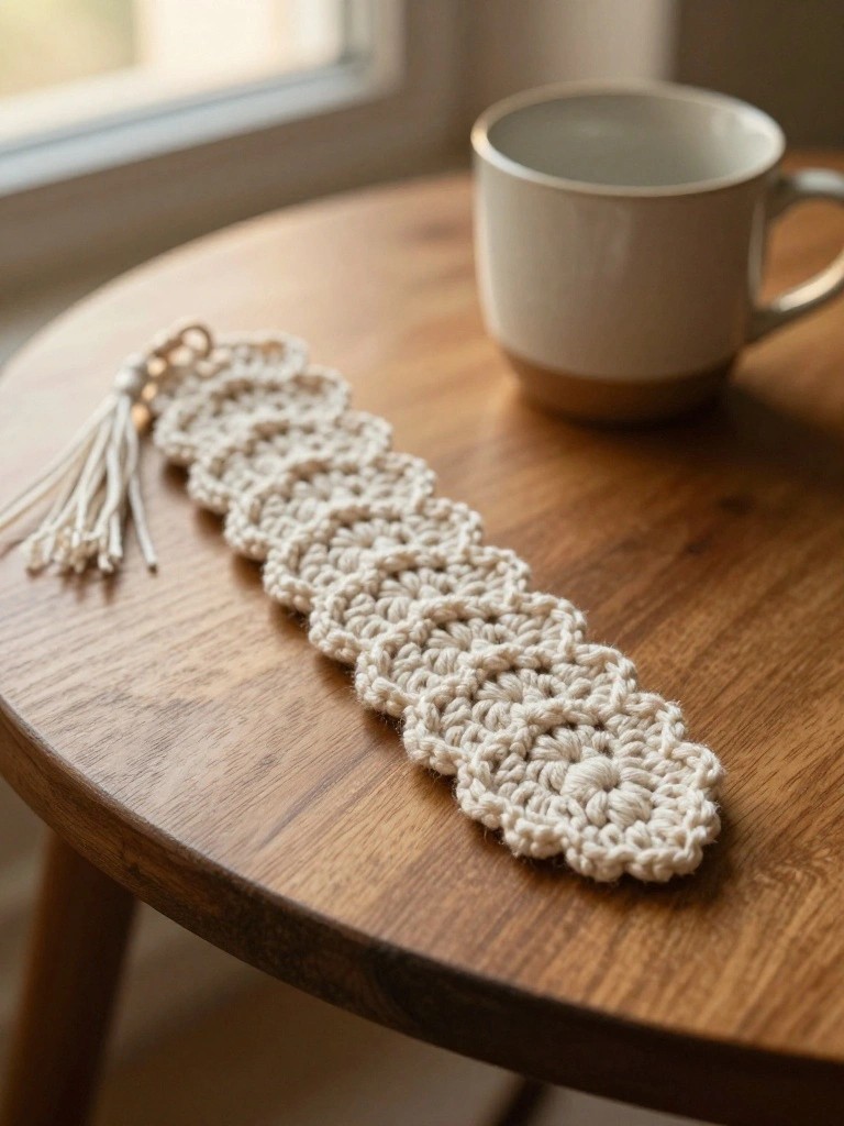 Crocheted beige bracelet with tassel beside white mug on wooden table.
