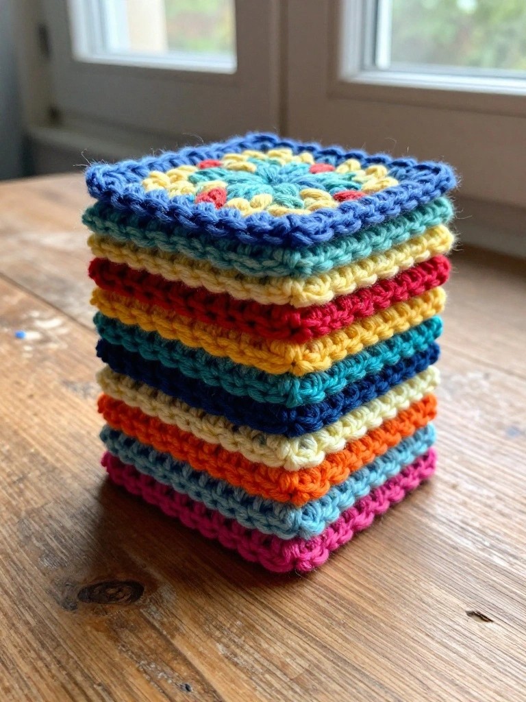 Colorful crocheted squares stacked on a wooden table.
