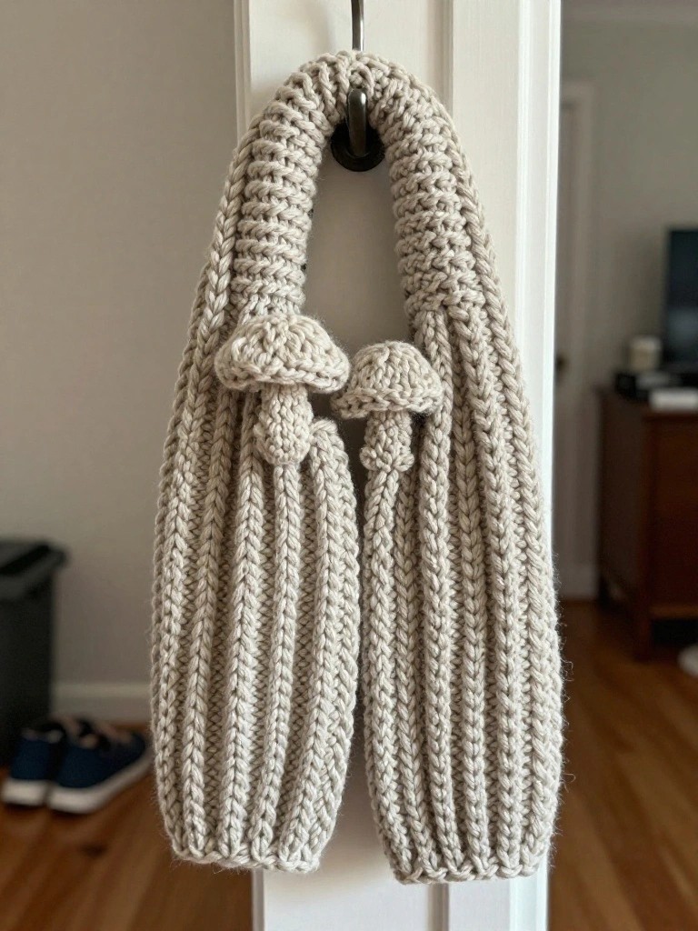 Knitted beige scarf with pom-poms hanging on a door hook.