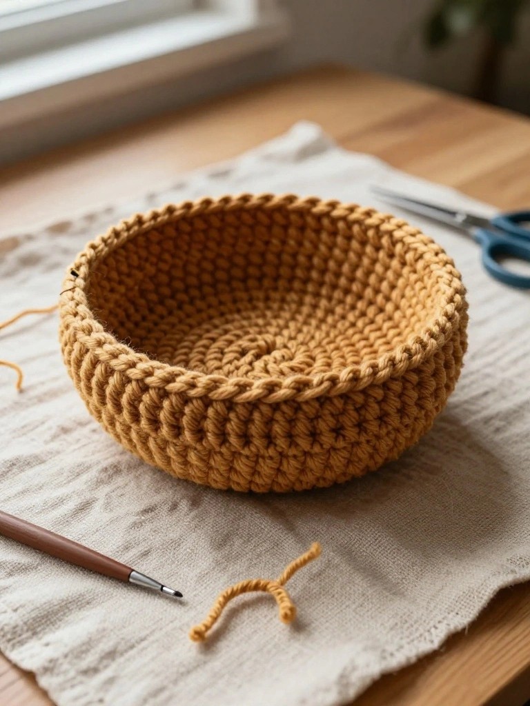 Mustard crocheted bowl on linen cloth with hook and scissors.
