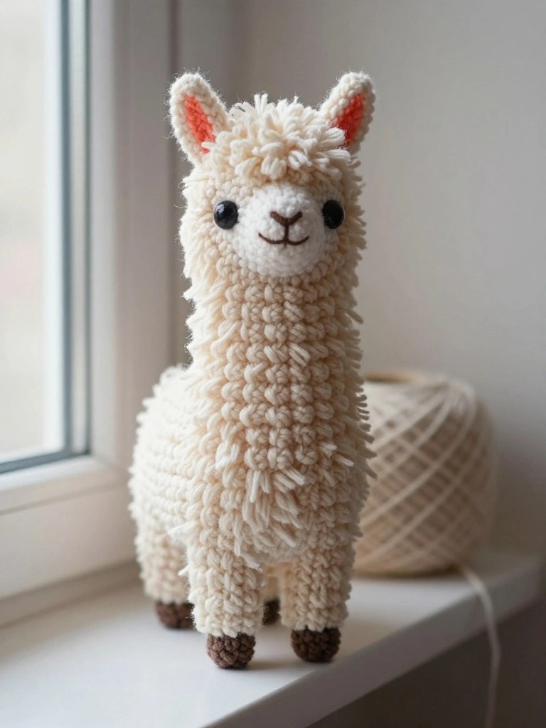 Crocheted white alpaca toy with fluffy texture on windowsill beside yarn ball.