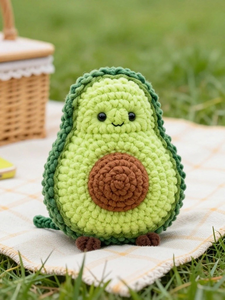 Crocheted avocado toy on picnic blanket with wicker basket behind.