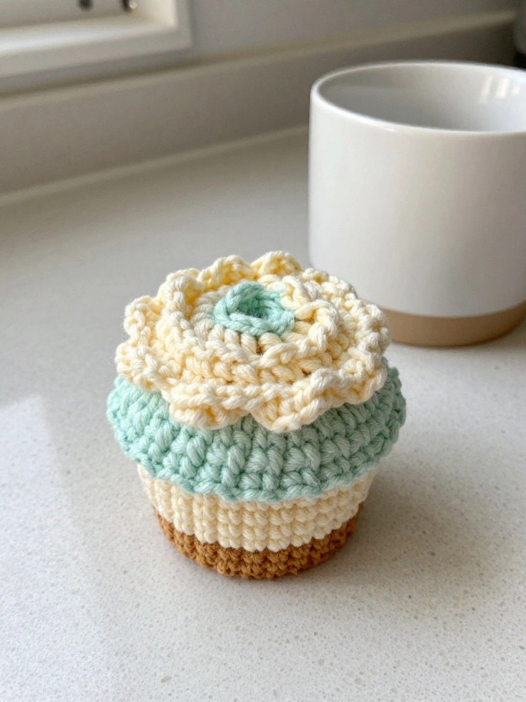 Crochet cupcake with pastel layers and flower top beside white mug.