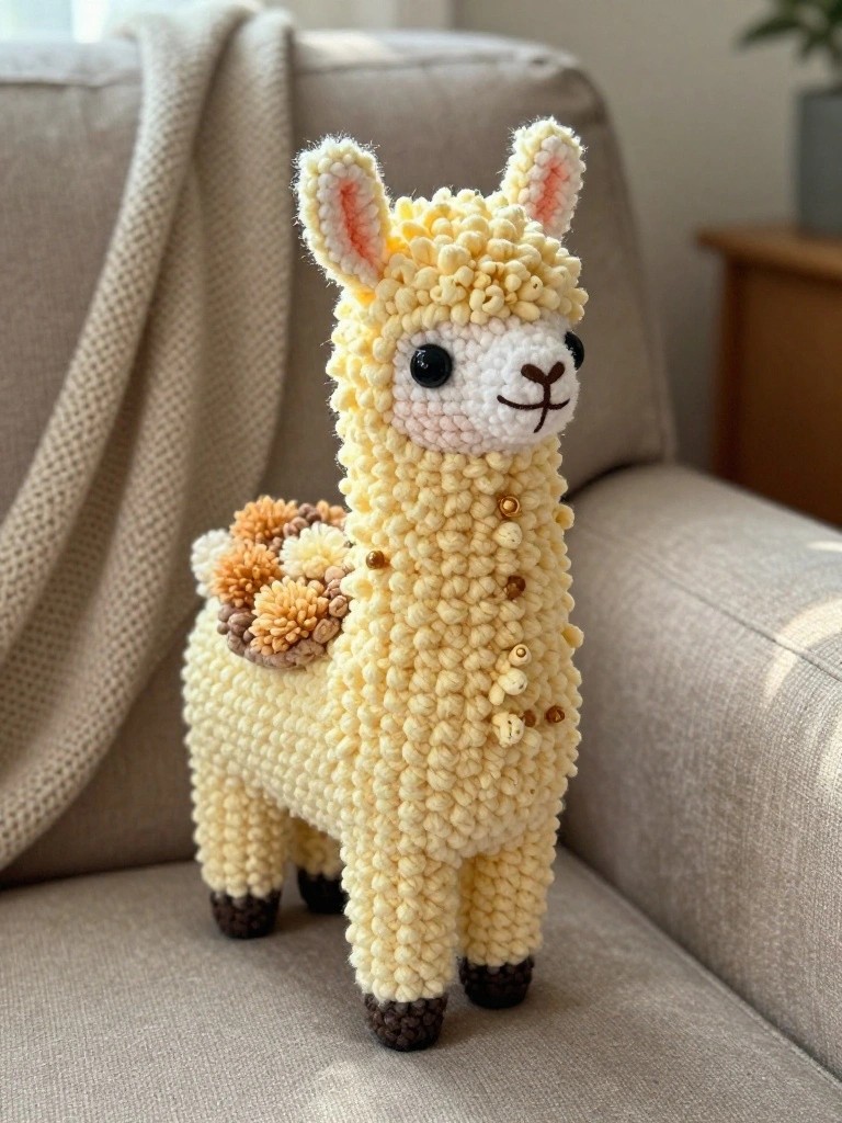 A yellow crocheted llama plush with white face, brown buttons, and pom-pom saddle sitting on a couch.