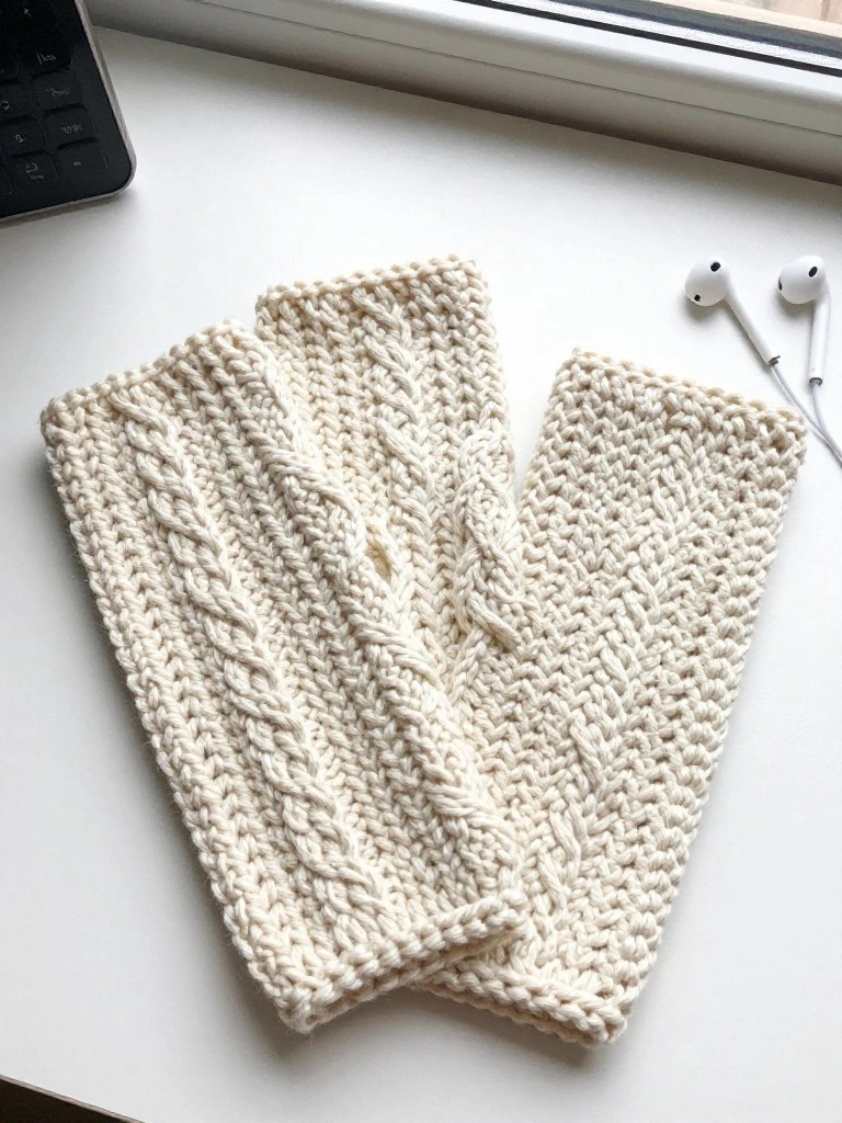 Cream crocheted fingerless gloves with cable patterns on a white desk next to earbuds.