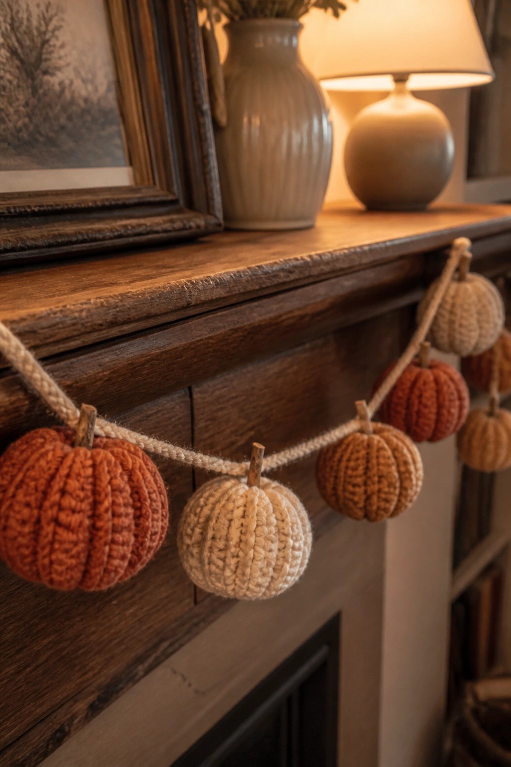 Knitted orange and cream pumpkins strung on rope over a wooden mantel.