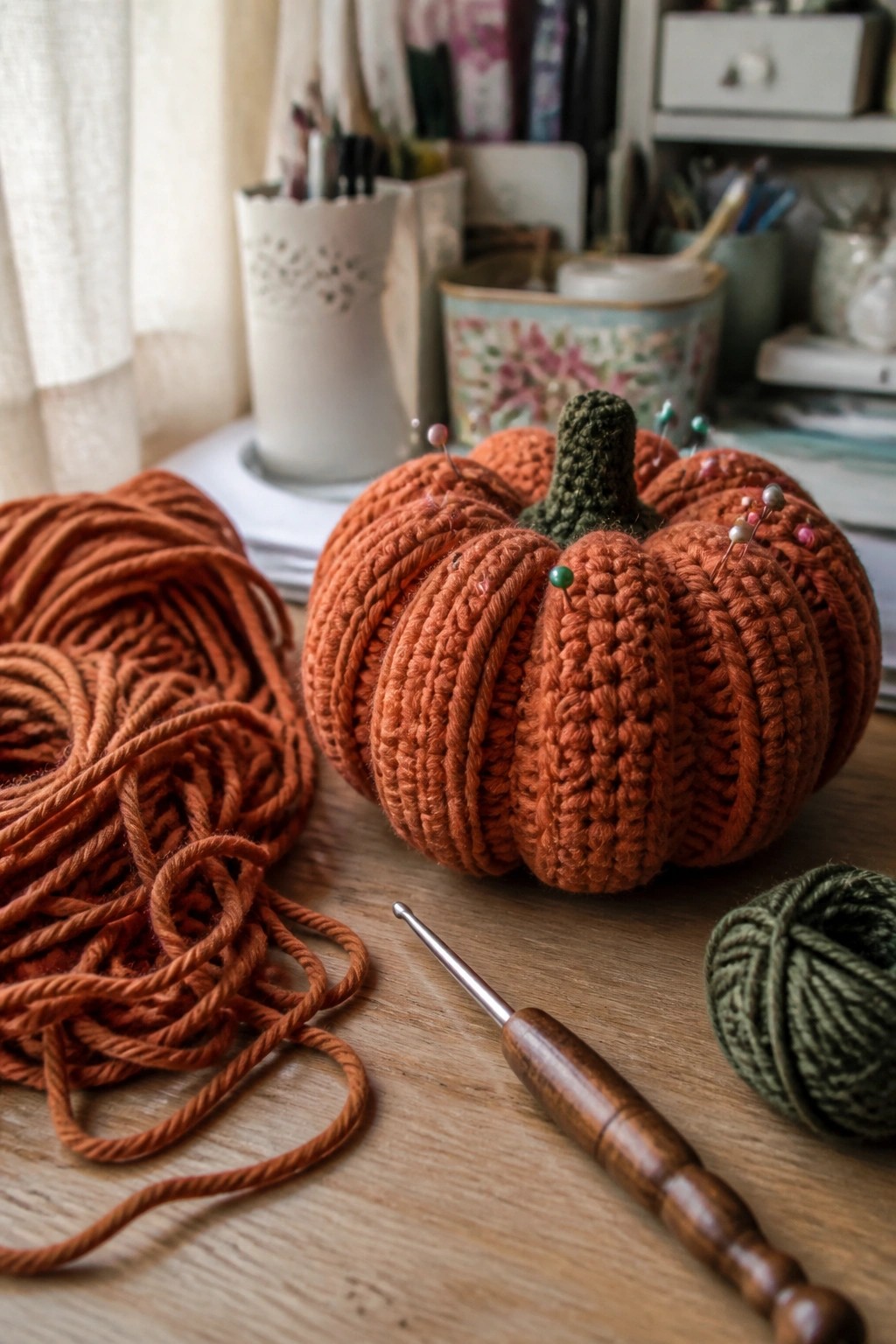 Crocheted orange pumpkin pincushion with pins beside yarn and crochet hook.