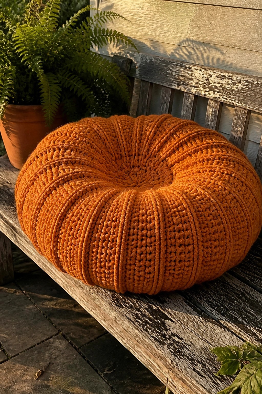 Orange crocheted pumpkin-shaped cushion on weathered wooden bench beside fern plant.