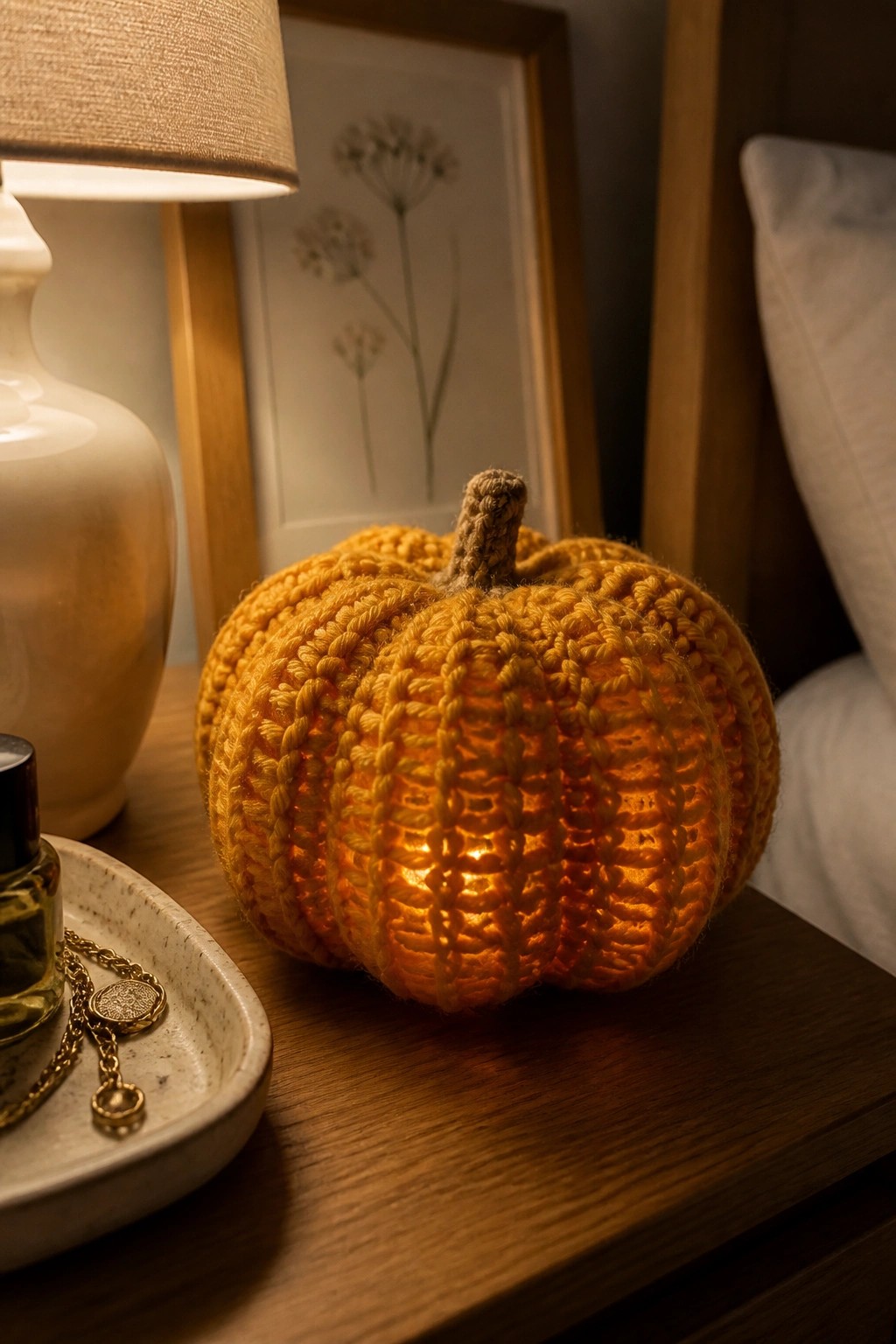 Glowing crocheted orange pumpkin on wooden nightstand beside lamp and jewelry tray
