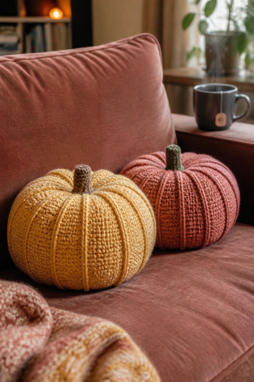 Two ribbed crocheted pumpkins in yellow and terracotta sit on a pink couch beside a dark mug.