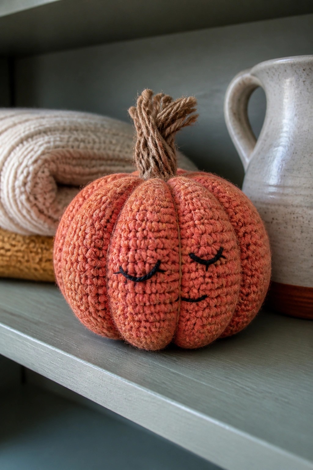 Crocheted orange pumpkin with closed eyes on gray shelf beside rolled blanket and pitcher