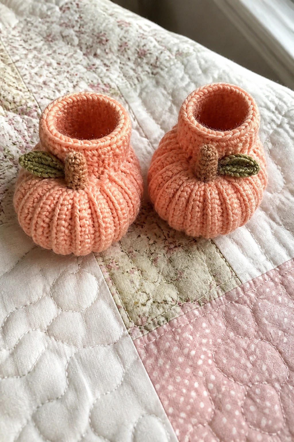 Peach knitted pumpkin baby booties with stems on floral quilt